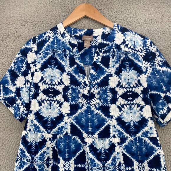Chicos Dress Womens 1 US Medium Blue Printed Tiered Short Sleeve Notched Neck - Picture 2 of 12